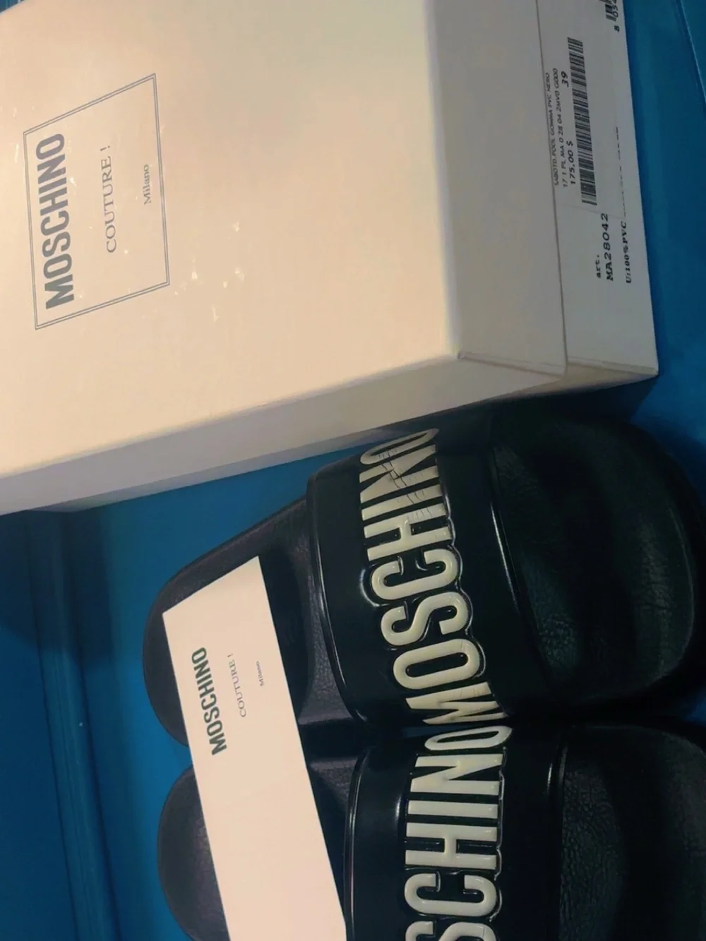 Essentials Black Slide Sandals with White Logo